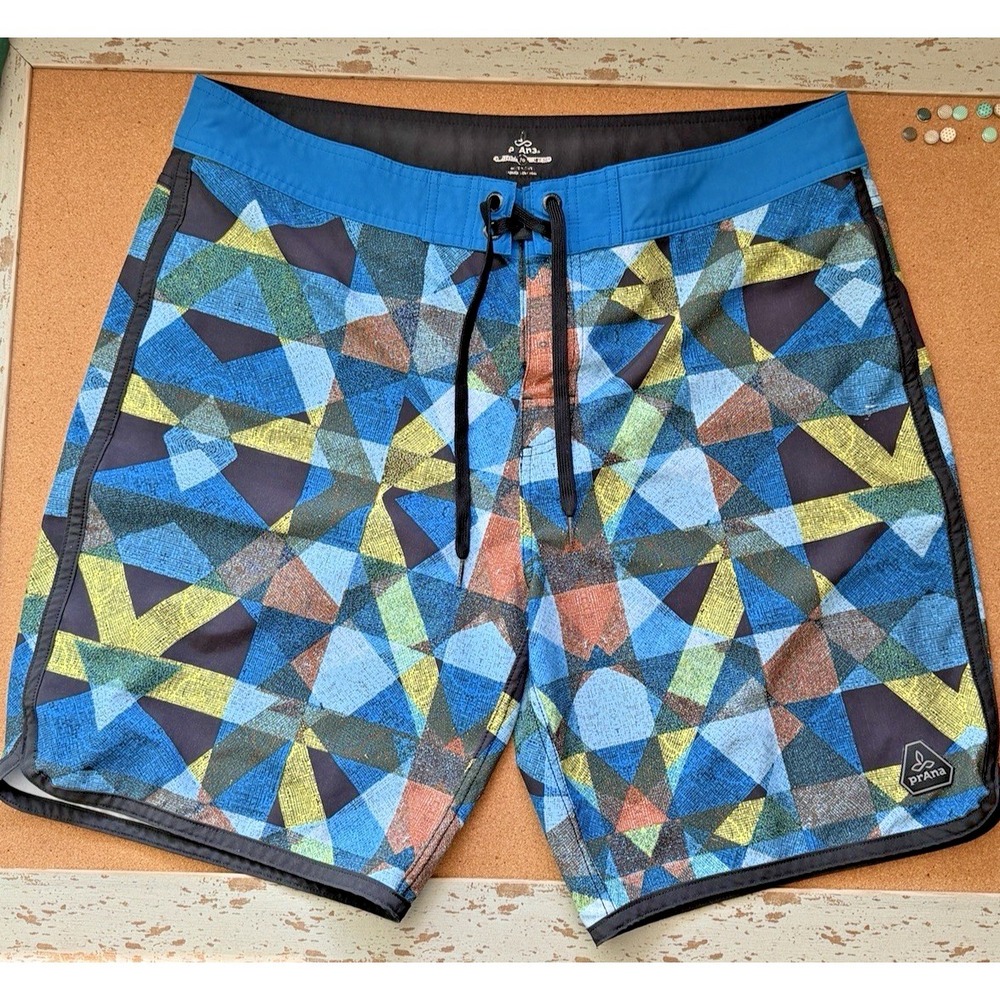 Prana High‎ Seas Board Shorts Men's 36 Blue Geometric Swim Trunks 8"